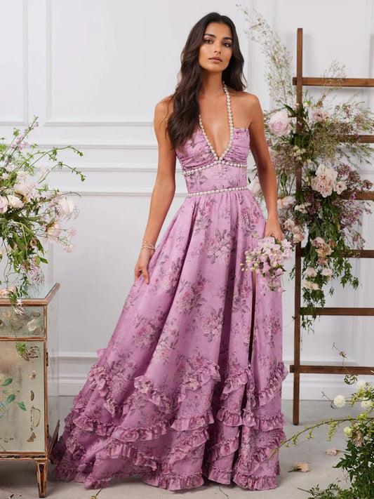 Women's maxi dress – Flowing fabric – Beaded halter neck – Floral print – Flared cut