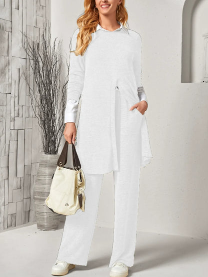 Women's two-piece set – Long slit top – Wide-leg pants – Soft knit