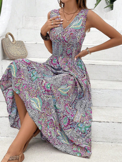 Women's dress – Flared fluid cut – V-neck – Sleeveless – Printed midi pattern