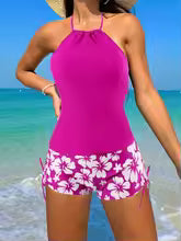 Women's tankini – Backless sleeveless – Floral shorts with ties – Breathable fabric
