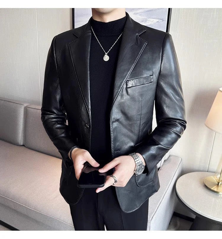 Blazer homme – Coupe ajustée – Effet cuir – Revers cranté – Fermeture un bouton