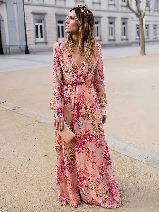 Robe longue femme – Tissu léger – Imprimé élégant – Manches longues – Coupe fluide