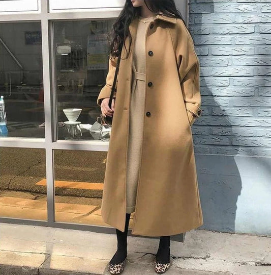 Women's Long Coat - Wool Blend - Relaxed Fit - Notched Lapel Collar