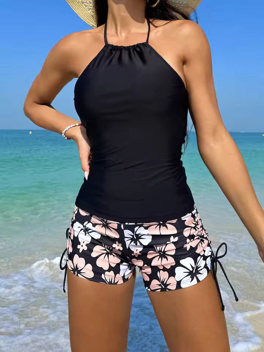 Women's tankini – Backless sleeveless – Floral shorts with ties – Breathable fabric