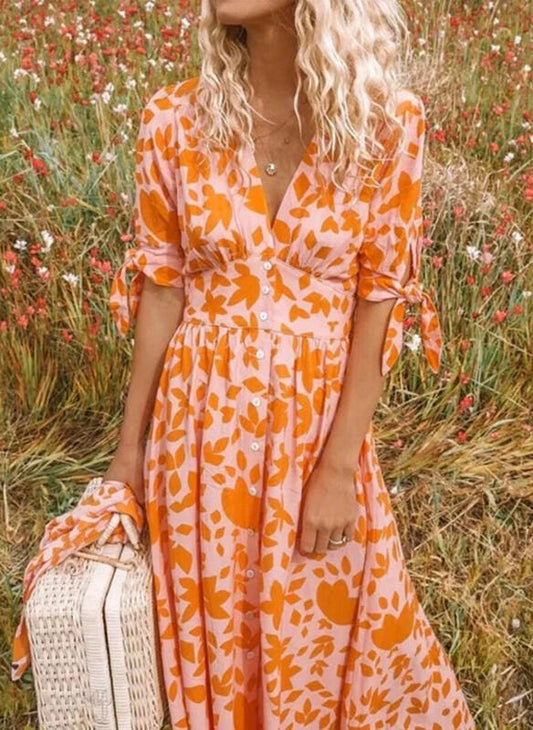 Women's midi dress – Relaxed fit – Breathable fabric – Tied sleeves – Buttoned