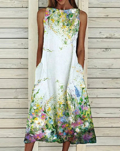 Women's midi dress – Sleeveless flared – Relaxed fit – Breathable fabric – Floral detail
