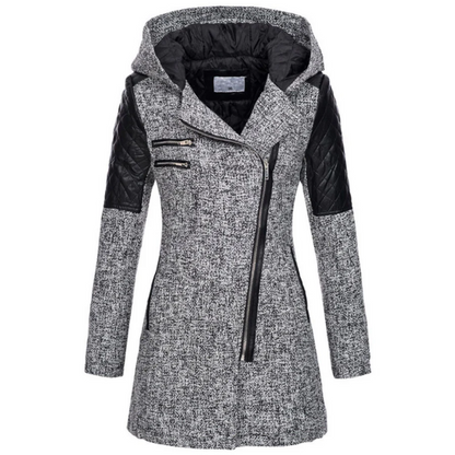 Women's Jacket - Wool Blend - Fitted Cut - Mid-Thigh Length - Stand-Up Collar Integrated Hood