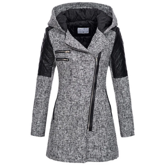 Women's Jacket - Wool Blend - Fitted Cut - Mid-Thigh Length - Stand-Up Collar Integrated Hood