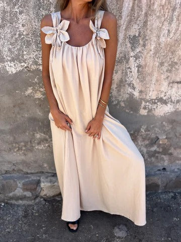 Women's long dress – Relaxed fit – Breathable flowing fabric – Floral shoulders