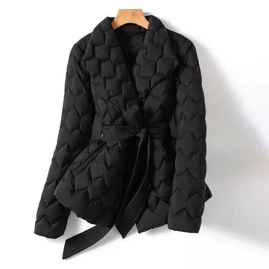 Women's Jacket - Woven Fabric - Adjustable Waist Belt - Structured Notched Lapel
