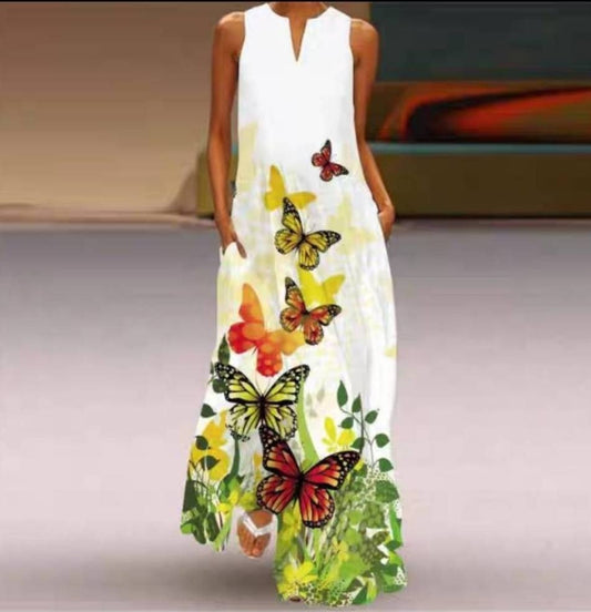 Women's long dress – Relaxed fit – Cotton fabric – V-neck – Pockets – Floral and butterfly print