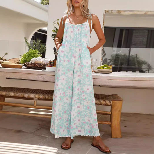 Women's jumpsuit – Cotton – Wide leg – Tied straps – Floral print