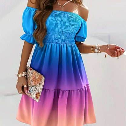 Women's midi dress – Off-the-shoulder neckline – Flared cut – Printed hem