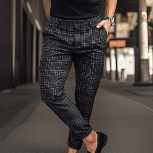 Pantalon chino homme – Coupe slim – Coton mélangé – Motif à carreaux – Longueur entière