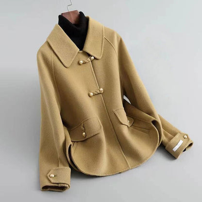 Women's Coat - Wool Blend - Pointed Collar - Long Raglan Sleeves - Hip Length