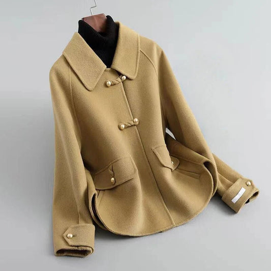 Women's Coat - Wool Blend - Pointed Collar - Long Raglan Sleeves - Hip Length