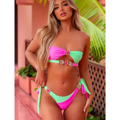 Women's bikini – Bandeau top tied at the neck – Ruching – High waist – Elegant crystals
