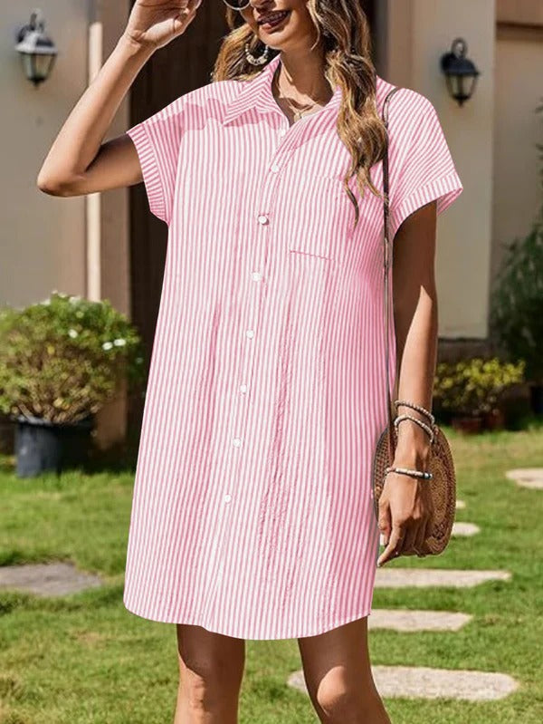 Women's Shirt Dress – Cotton – Relaxed Fit – Short Sleeves – Buttoned – Knee Length
