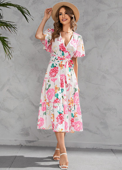 Midi dress for women – Wrap neckline – Short sleeves – Belted waist – Ruffled skirt