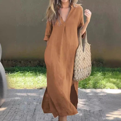 Women's long dress – Loose fit – Lightweight cotton – V-neck – Mid-length sleeves