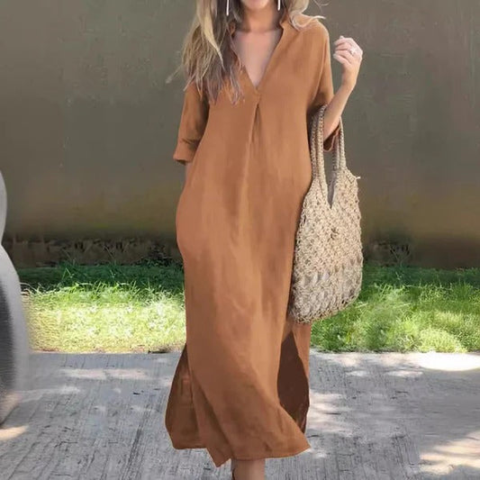 Women's long dress – Loose fit – Lightweight cotton – V-neck – Mid-length sleeves
