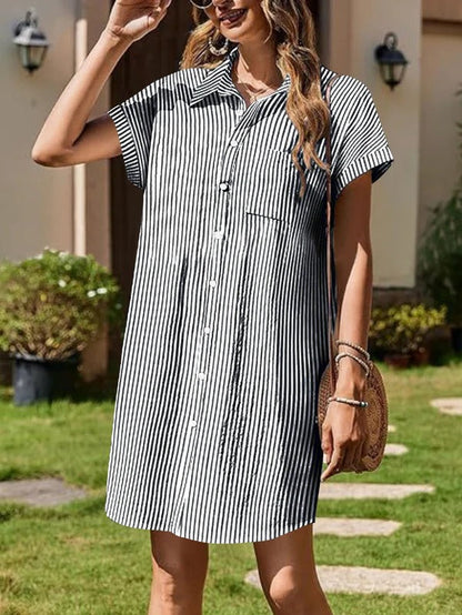 Women's Shirt Dress – Cotton – Relaxed Fit – Short Sleeves – Buttoned – Knee Length