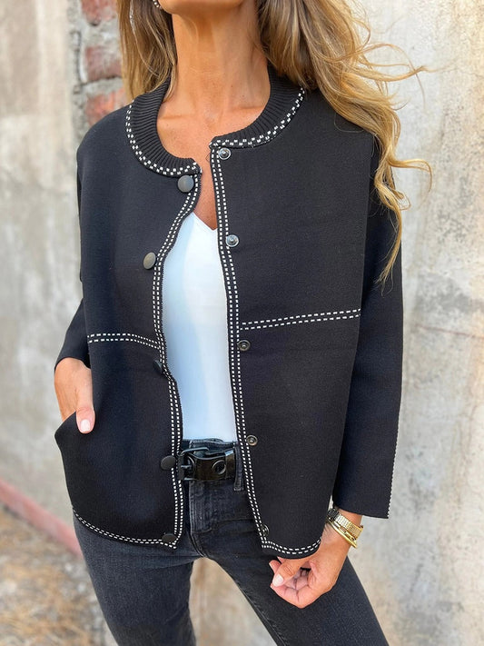 Women's Jacket - Midweight Knit - Structured Cut - Waist Length - Round Neck - Decorative Buttons