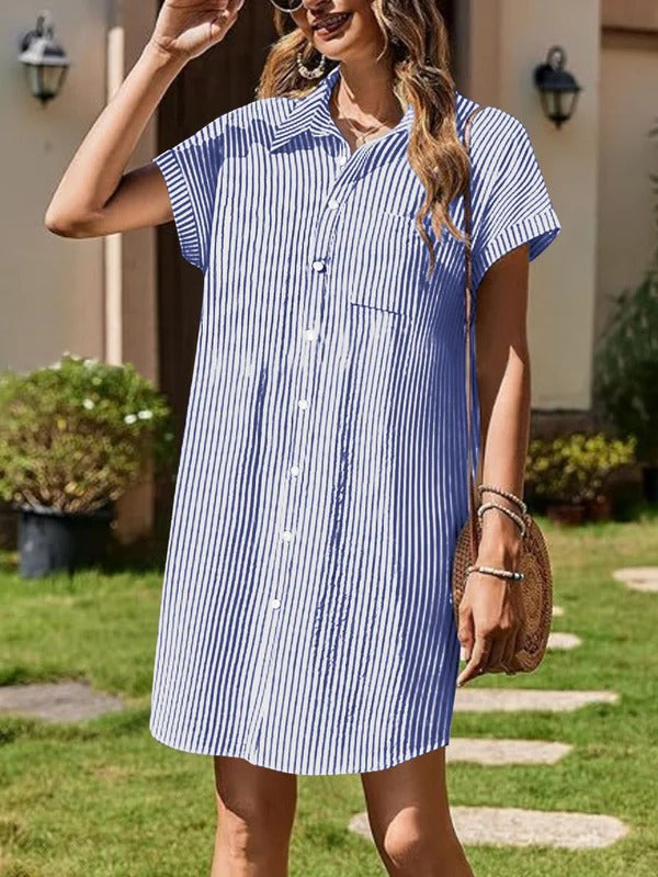 Women's Shirt Dress – Cotton – Relaxed Fit – Short Sleeves – Buttoned – Knee Length