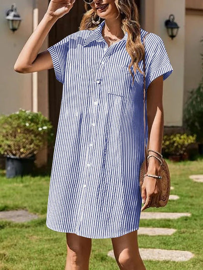 Women's Shirt Dress – Cotton – Relaxed Fit – Short Sleeves – Buttoned – Knee Length