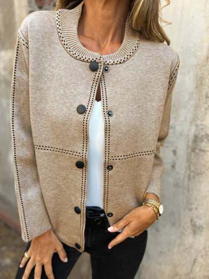 Women's Jacket - Midweight Knit - Structured Cut - Waist Length - Round Neck - Decorative Buttons
