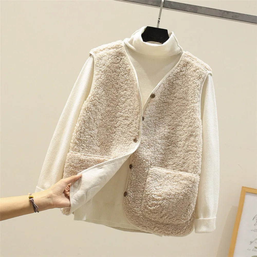 Women's Vest - Sherpa Fleece - V-Neck - Sleeveless - Front Buttons
