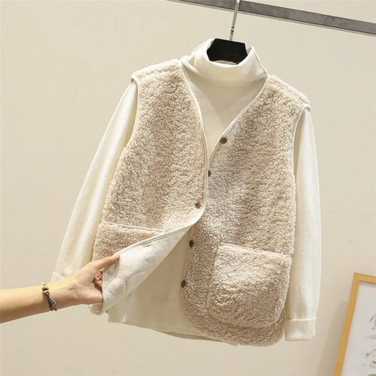 Women's Vest - Sherpa Fleece - V-Neck - Sleeveless - Front Buttons