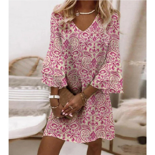 Women's short dress – Loose fit – Breathable fabric – V-neck – 3/4 sleeves