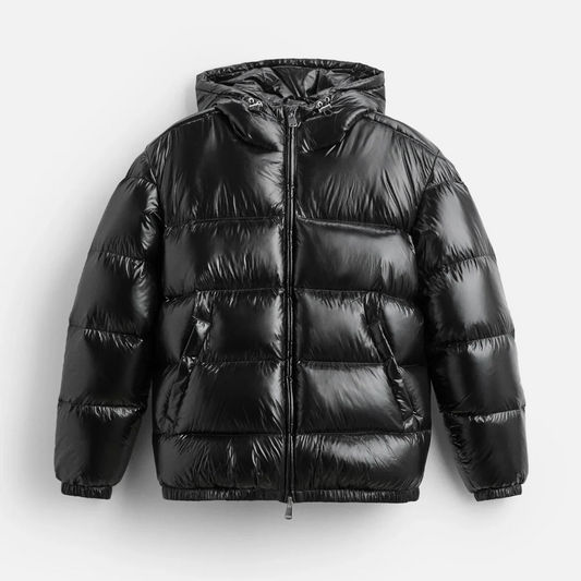 Men's Puffer Jacket - Oversize Cut - Glossy - Hooded - Hip Length