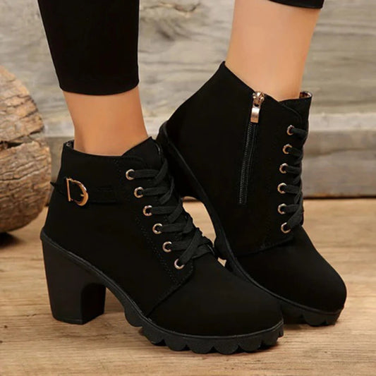 Bottines femme – Semelle épaisse – Talon bloc – Lacets avec zip et boucle