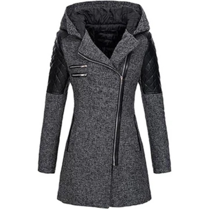 Women's Jacket - Wool Blend - Fitted Cut - Mid-Thigh Length - Stand-Up Collar Integrated Hood