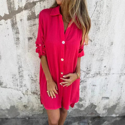 Women's Shirt Dress – Relaxed Fit – Front Buttoning – Breathable Fabric – Rolled Sleeves