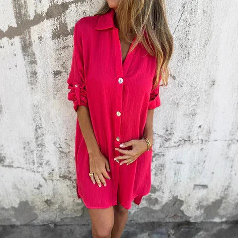 Women's Shirt Dress – Relaxed Fit – Front Buttoning – Breathable Fabric – Rolled Sleeves