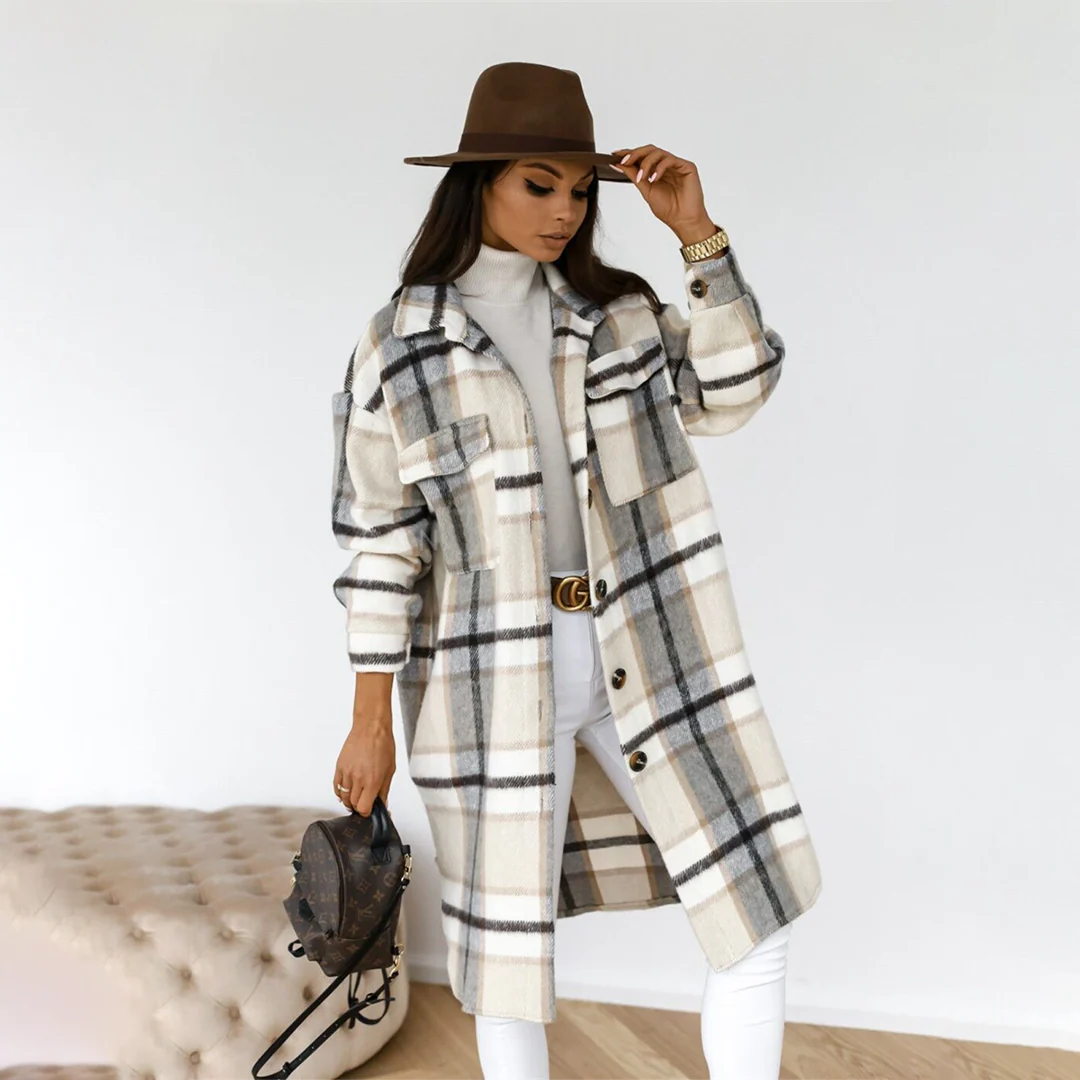 Women's Long Coat - Wool Blend - Relaxed Fit - Pointed Collar - Checked Pattern