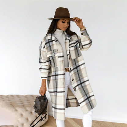 Women's Long Coat - Wool Blend - Relaxed Fit - Pointed Collar - Checked Pattern
