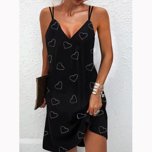 Women's Dress – Slim Fit – Seamless V-Neck – Heart Print – Mini
