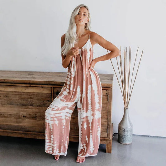 Women's jumpsuit – Loose flowing cut – Thin straps – Tie-dye pattern – Soft breathable fabric