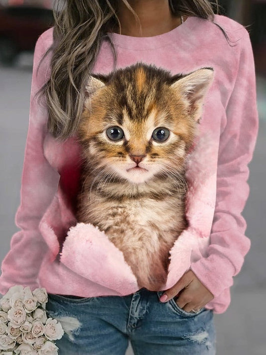 Women's Sweatshirt - Knit - Relaxed Fit - Crew Neck - Long Sleeves - 3D Cat Print