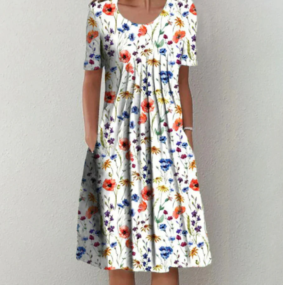 Robe midi femme – Coupe évasée – Tissu respirant – Manches courtes – Imprimé floral