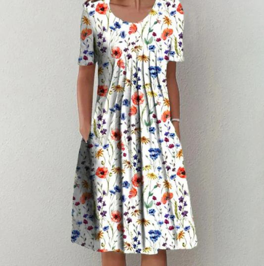 Robe midi femme – Coupe évasée – Tissu respirant – Manches courtes – Imprimé floral