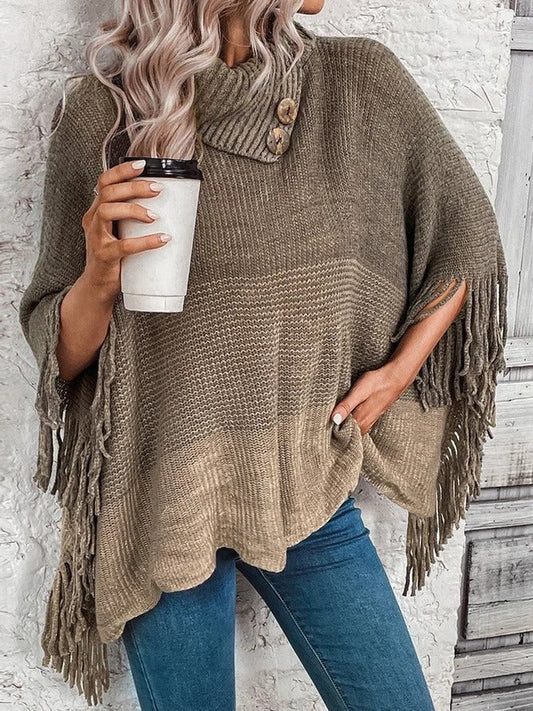 Women's Poncho - Knit - Oversized Cut - Cowl Neck - Fringed Edge