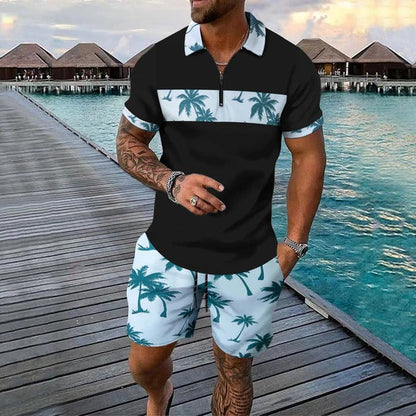 Men's Set – Relaxed Zip Polo – Drawstring Shorts – Breathable Tropical Print