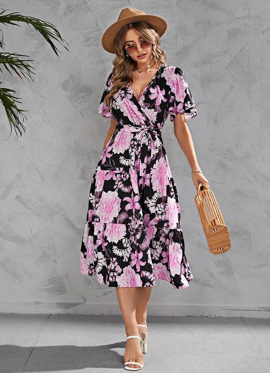Midi dress for women – Wrap neckline – Short sleeves – Belted waist – Ruffled skirt
