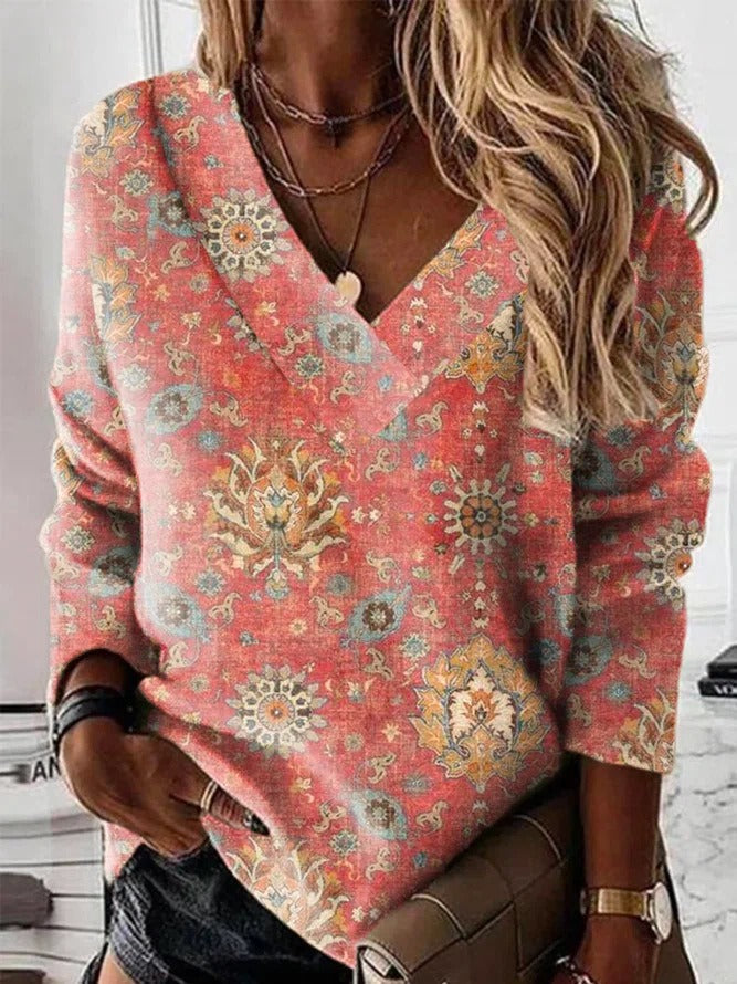 Women's sweatshirt – Soft cotton – Relaxed fit – V-neck – Ornamental print
