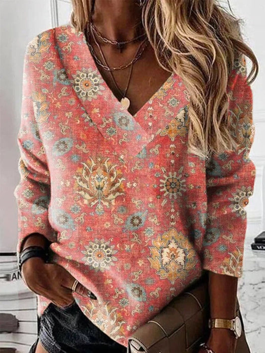 Women's sweatshirt – Soft cotton – Relaxed fit – V-neck – Ornamental print